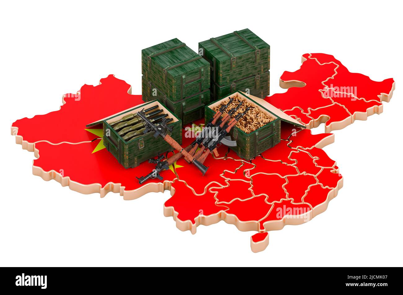 Chinesische Karte mit Waffen. Militärische Versorgung in China, Konzept. 3D Darstellung isoliert auf weißem Hintergrund Stockfoto