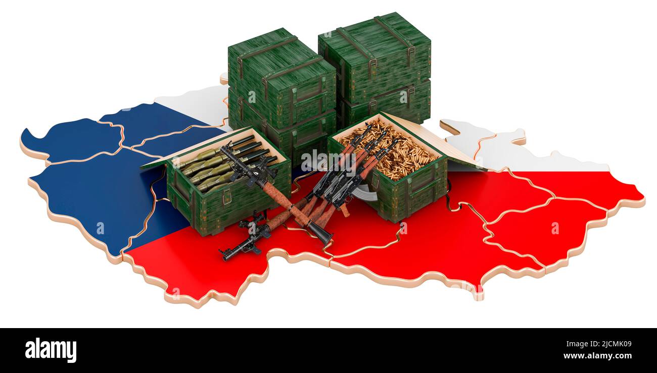 Tschechische Karte mit Waffen. Militärische Versorgung in der Tschechischen Republik, Konzept. 3D Darstellung isoliert auf weißem Hintergrund Stockfoto