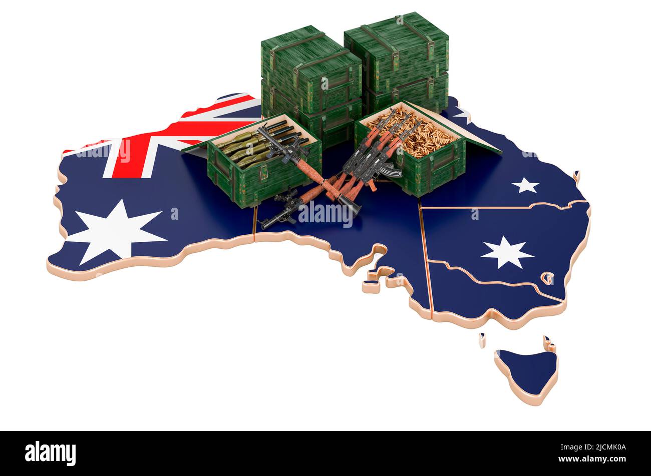 Australische Karte mit Waffen. Militärische Versorgung in Australien, Konzept. 3D Darstellung isoliert auf weißem Hintergrund Stockfoto