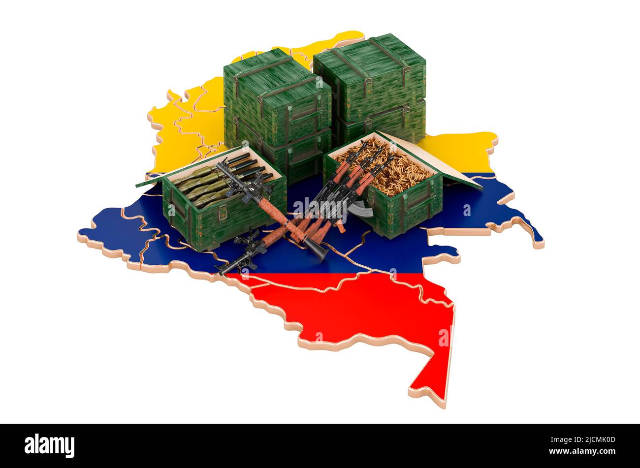 Kolumbianische Karte mit Waffen. Militärische Versorgung in Kolumbien, Konzept. 3D Darstellung isoliert auf weißem Hintergrund Stockfoto