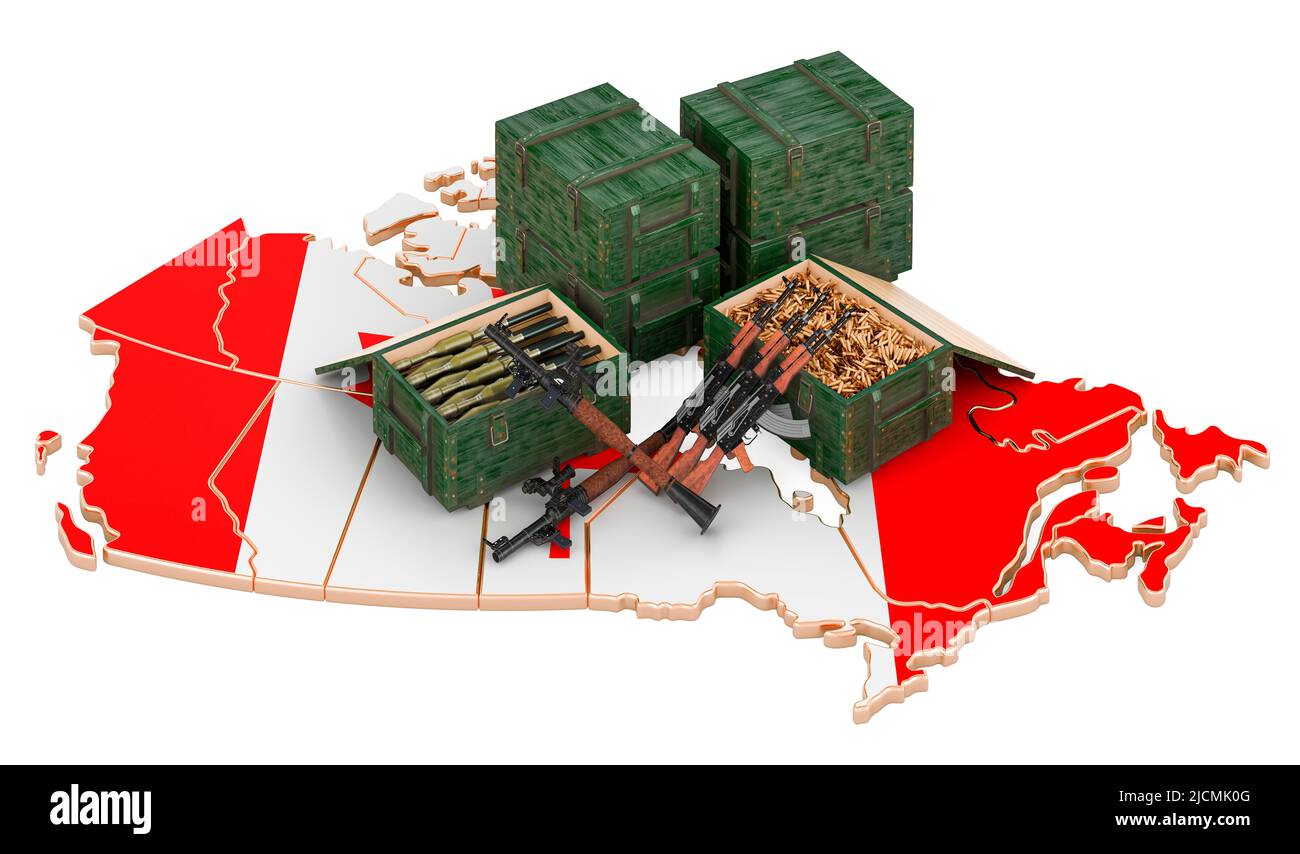 Kanadische Karte mit Waffen. Militärische Versorgung in Kanada, Konzept. 3D Darstellung isoliert auf weißem Hintergrund Stockfoto