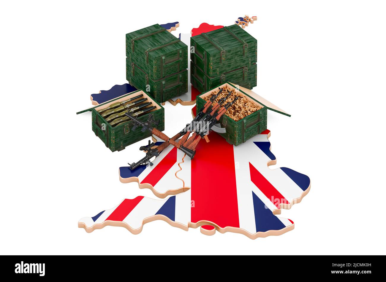Britische Karte mit Waffen. Militärische Versorgung in Großbritannien, Konzept. 3D Darstellung isoliert auf weißem Hintergrund Stockfoto