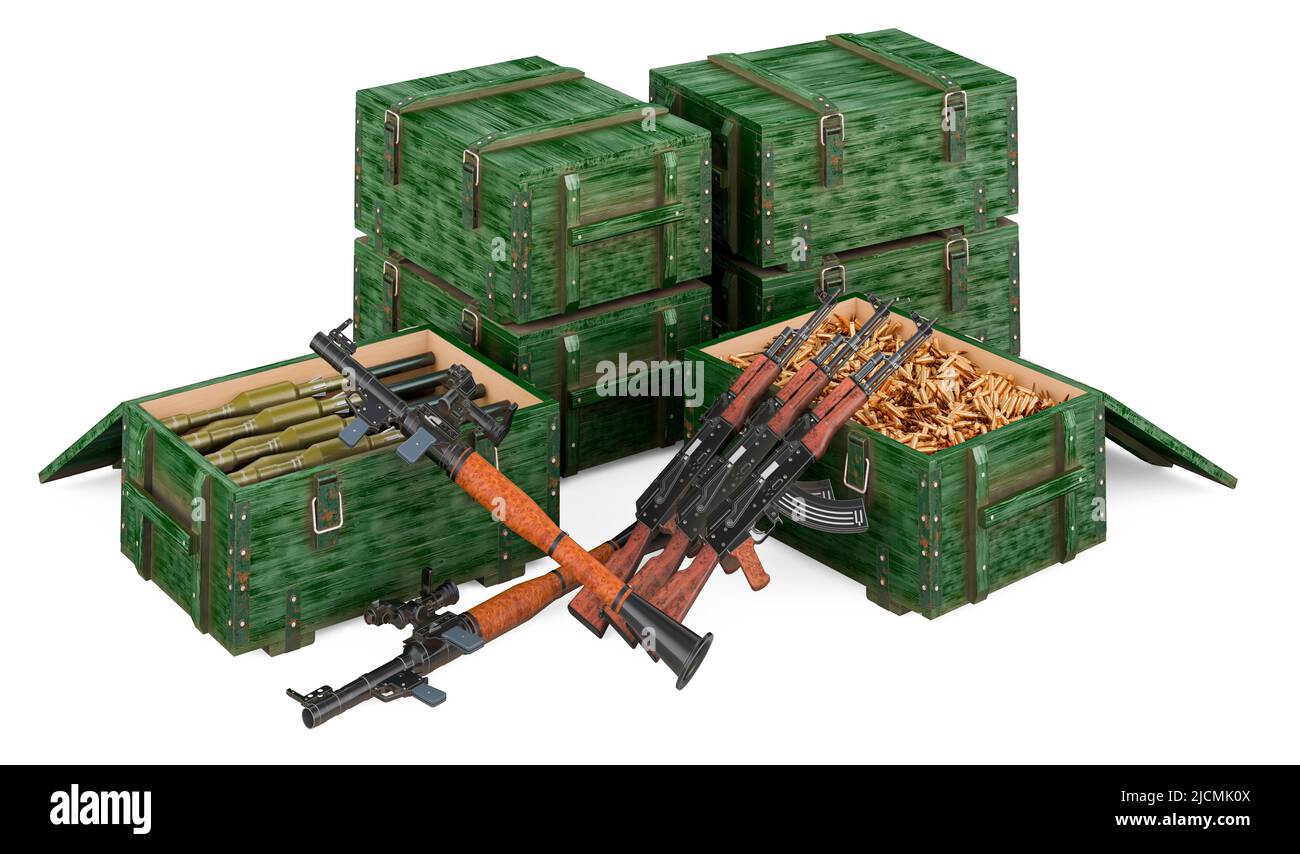 Panzerabwehrraketen und Sturmgewehre mit militärischem Munitionskasten aus Holz. 3D Darstellung isoliert auf weißem Hintergrund Stockfoto