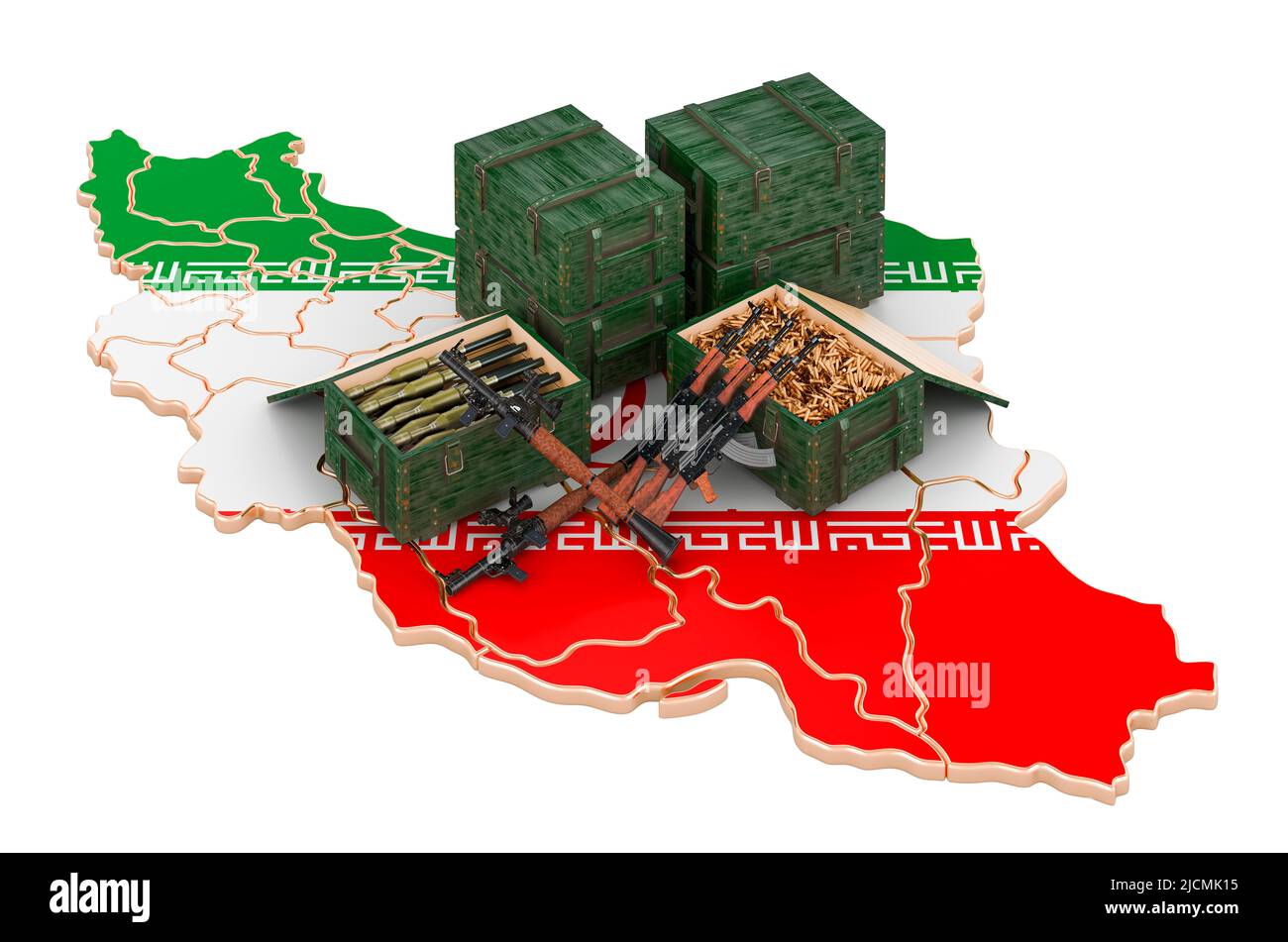 Iranische Karte mit Waffen. Militärische Versorgung im Iran, Konzept. 3D Darstellung isoliert auf weißem Hintergrund Stockfoto