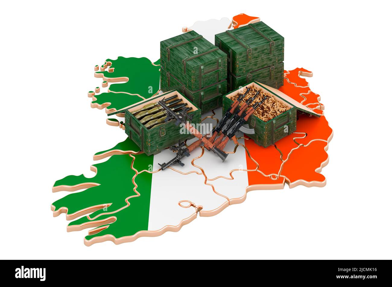 Irische Karte mit Waffen. Militärische Versorgung in Irland, Konzept. 3D Darstellung isoliert auf weißem Hintergrund Stockfoto