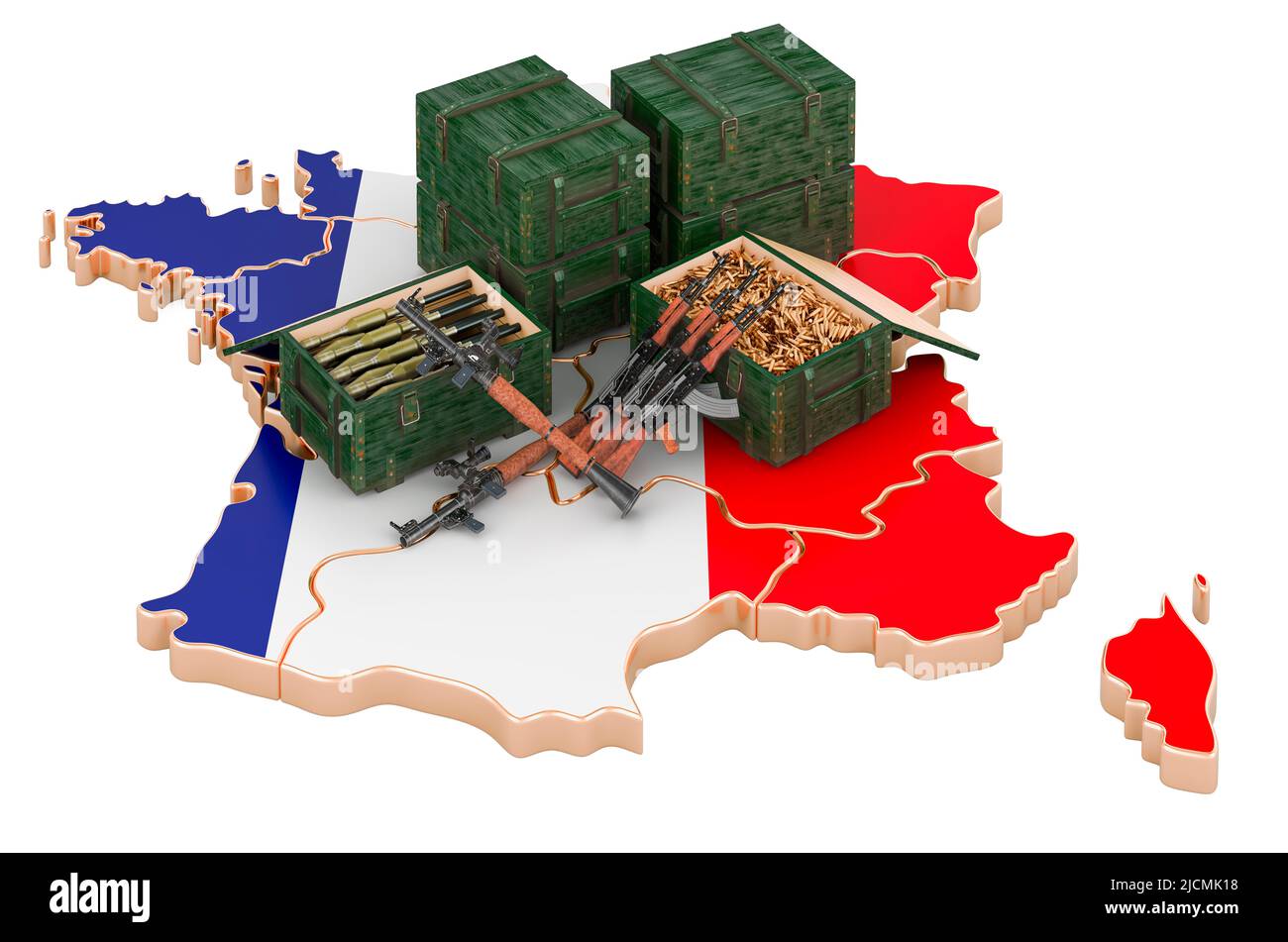Französische Karte mit Waffen. Militärische Versorgung in Frankreich, Konzept. 3D Darstellung isoliert auf weißem Hintergrund Stockfoto