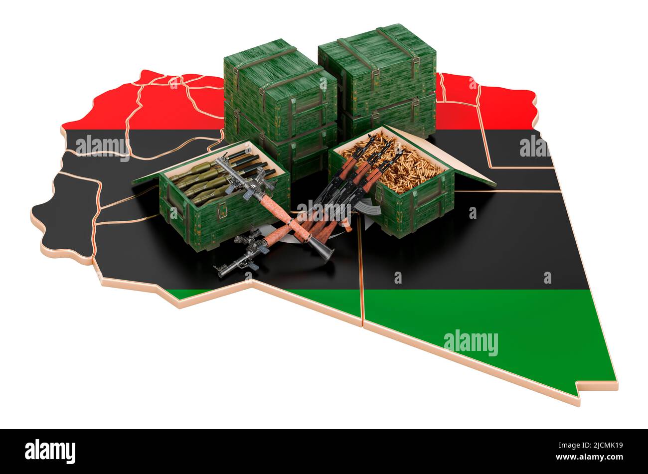 Libysche Karte mit Waffen. Militärische Versorgung in Libyen, Konzept. 3D Darstellung isoliert auf weißem Hintergrund Stockfoto