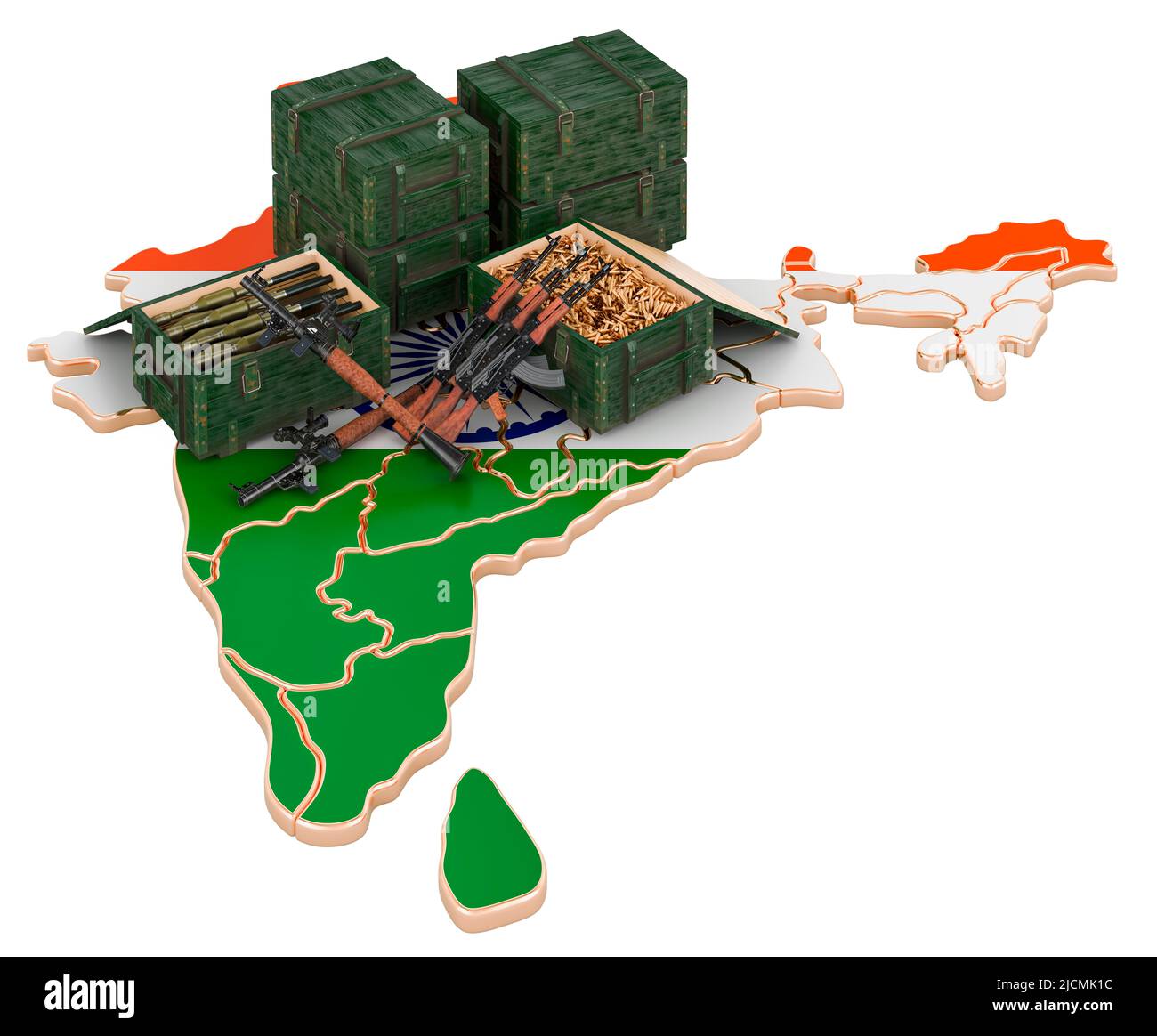 Indische Karte mit Waffen. Militärische Versorgung in Indien, Konzept. 3D Darstellung isoliert auf weißem Hintergrund Stockfoto