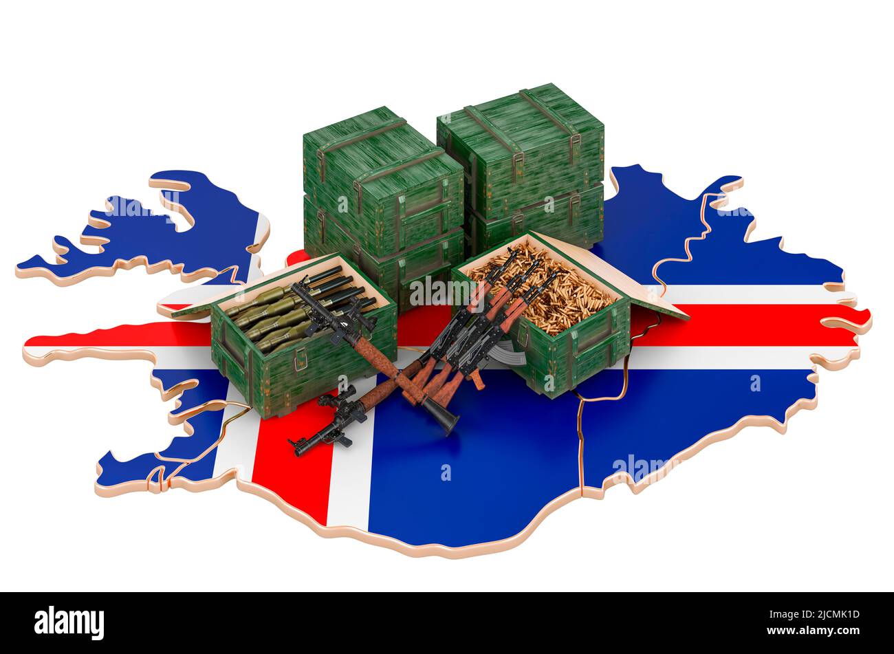 Isländische Karte mit Waffen. Militärische Versorgung in Island, Konzept. 3D Darstellung isoliert auf weißem Hintergrund Stockfoto
