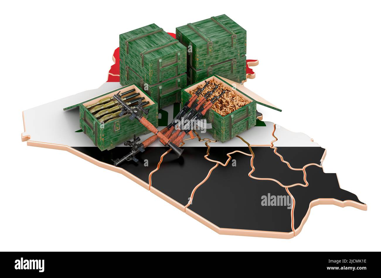 Irakische Karte mit Waffen. Militärische Versorgung im Irak, Konzept. 3D Darstellung isoliert auf weißem Hintergrund Stockfoto