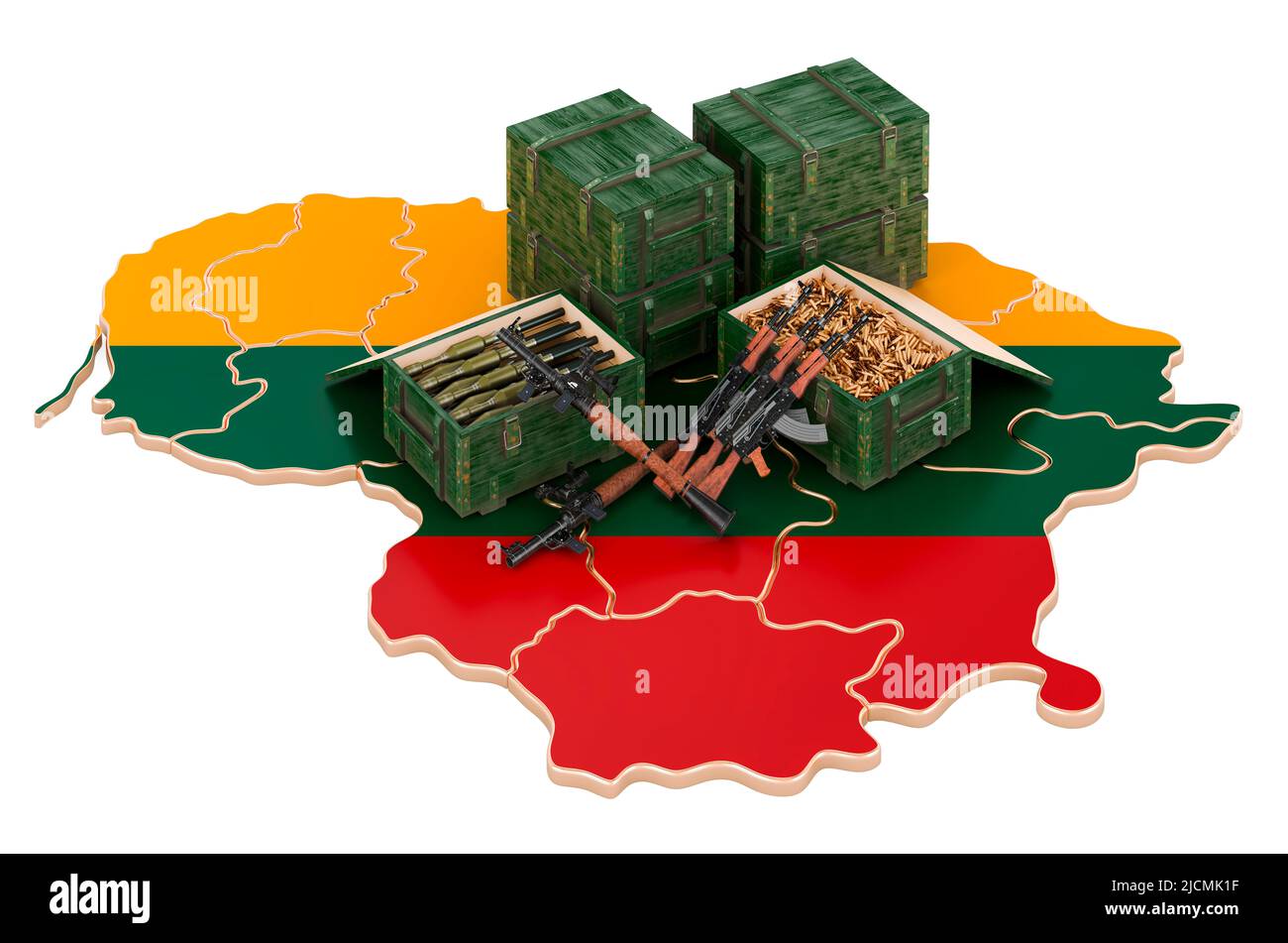 Litauische Karte mit Waffen. Militärische Versorgung in Litauen, Konzept. 3D Darstellung isoliert auf weißem Hintergrund Stockfoto