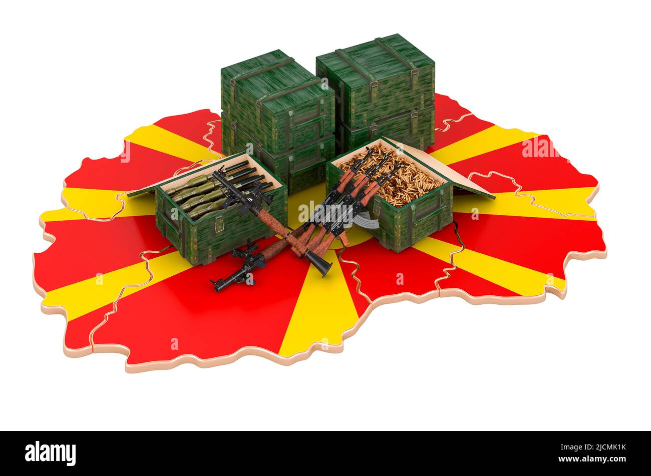 Mazedonische Karte mit Waffen. Militärische Versorgung in Mazedonien, Konzept. 3D Darstellung isoliert auf weißem Hintergrund Stockfoto