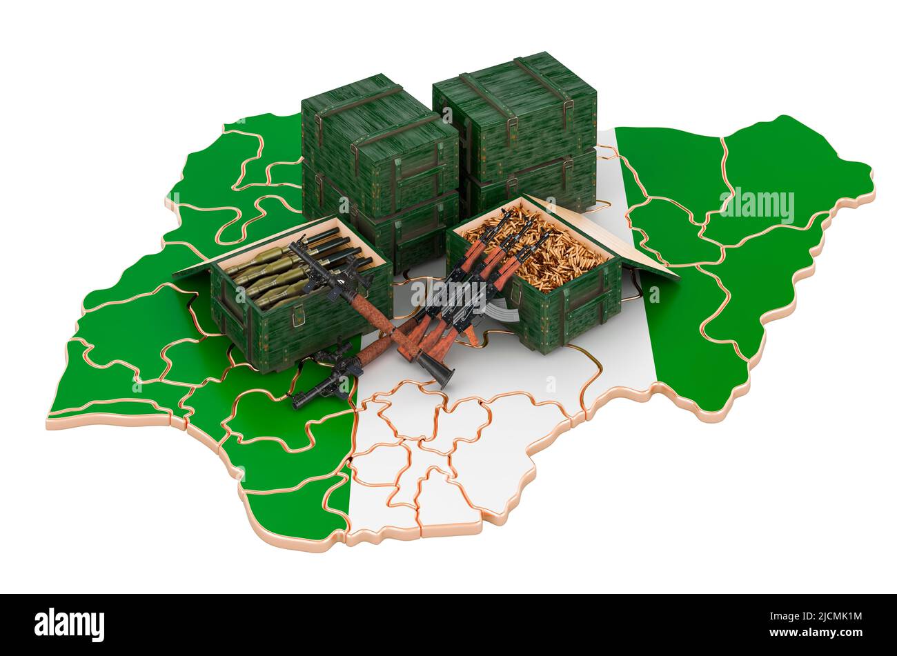 Nigrische Karte mit Waffen. Militärische Versorgung in Nigeria, Konzept. 3D Darstellung isoliert auf weißem Hintergrund Stockfoto