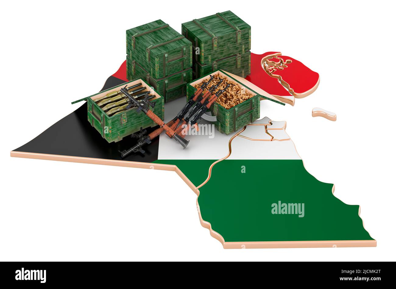 Kuwaitische Karte mit Waffen. Militärische Versorgung in Kuwait, Konzept. 3D Darstellung isoliert auf weißem Hintergrund Stockfoto