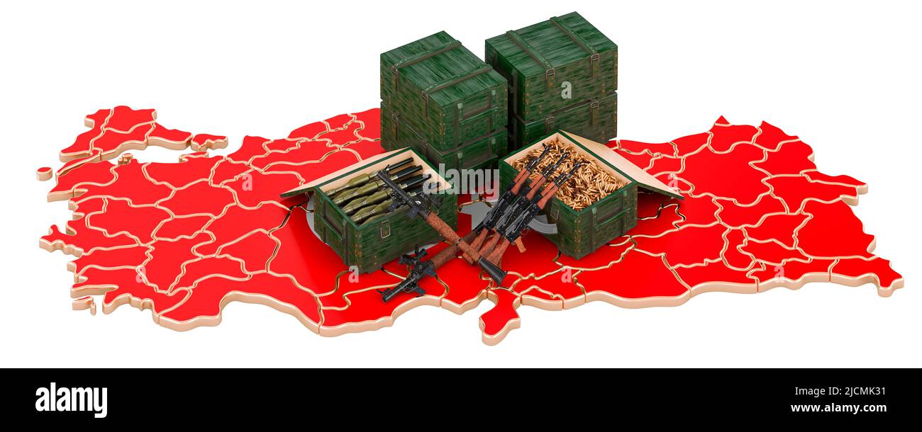 Türkische Karte mit Waffen. Militärische Versorgung in der Türkei, Konzept. 3D Darstellung isoliert auf weißem Hintergrund Stockfoto