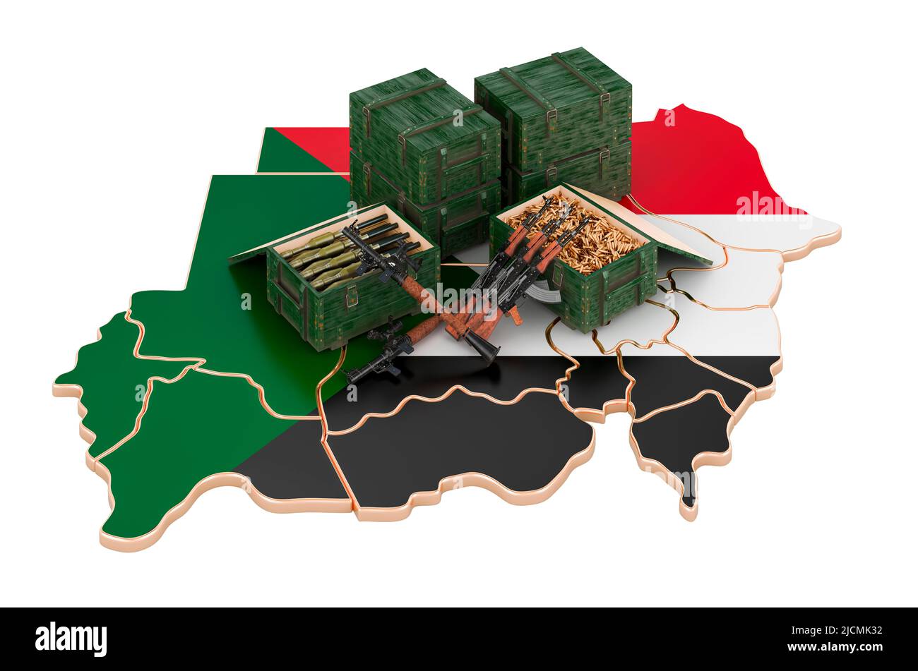 Sudanesische Karte mit Waffen. Militärische Versorgung im Sudan, Konzept. 3D Darstellung isoliert auf weißem Hintergrund Stockfoto