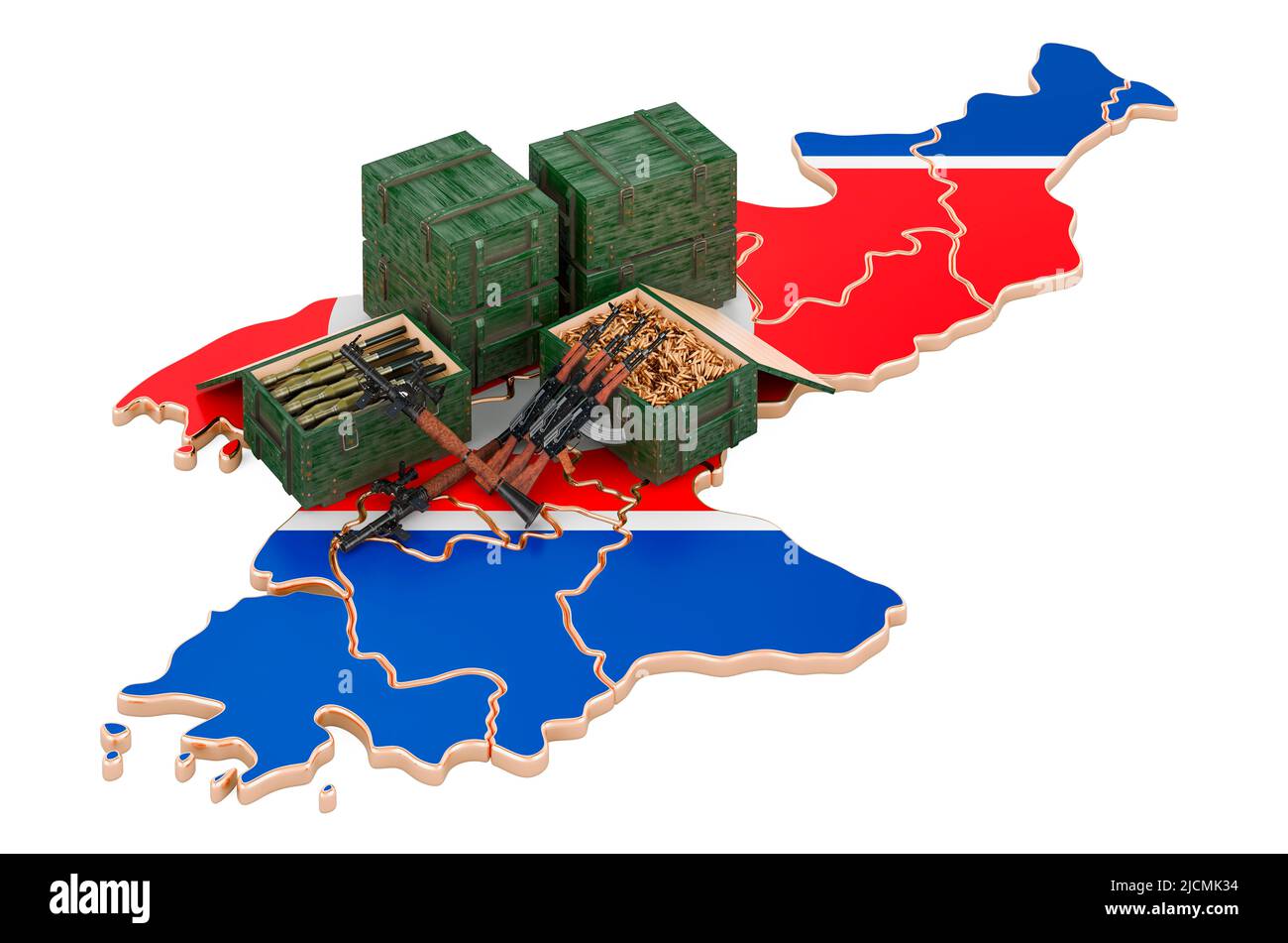 Nordkoreanische Karte mit Waffen. Militärische Versorgung in Nordkorea, Konzept. 3D Darstellung isoliert auf weißem Hintergrund Stockfoto