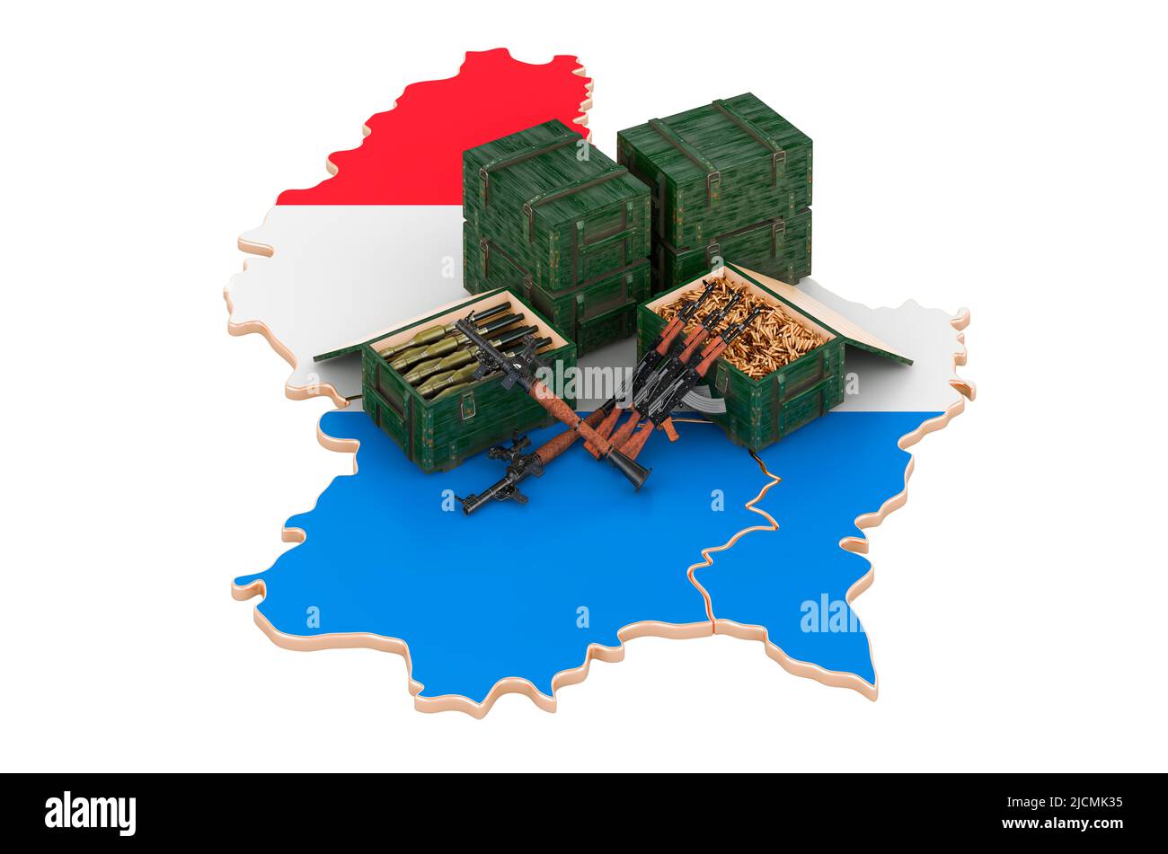 Luxemburgische Karte mit Waffen. Militärische Versorgung in Luxemburg, Konzept. 3D Darstellung isoliert auf weißem Hintergrund Stockfoto