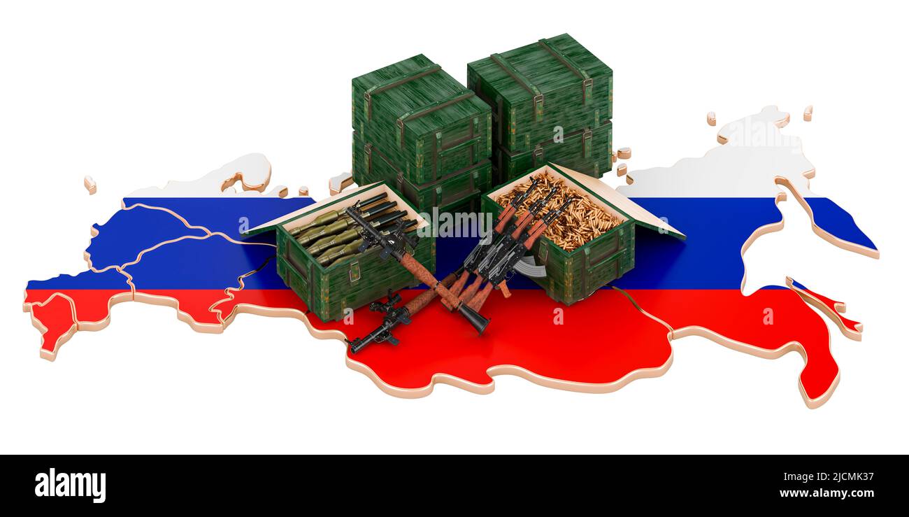 Russische Karte mit Waffen. Militärische Versorgung in Russland, Konzept. 3D Darstellung isoliert auf weißem Hintergrund Stockfoto
