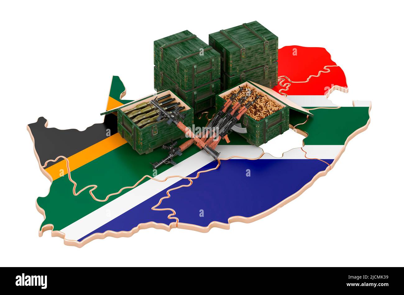 Südafrikanische Karte mit Waffen. Militärische Versorgung in Südafrika, Konzept. 3D Darstellung isoliert auf weißem Hintergrund Stockfoto