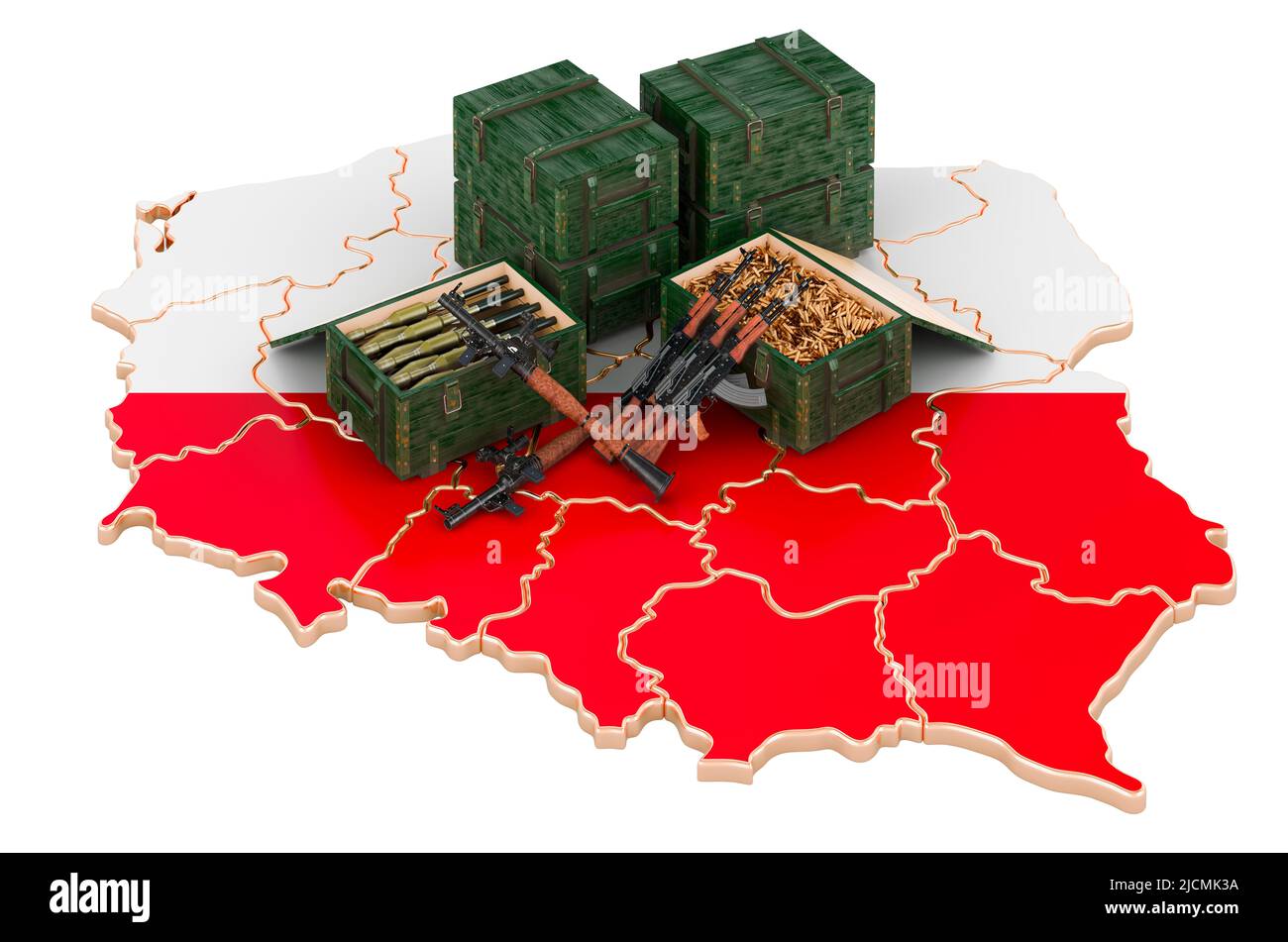 Polnische Karte mit Waffen. Militärische Versorgung in Polen, Konzept. 3D Darstellung isoliert auf weißem Hintergrund Stockfoto