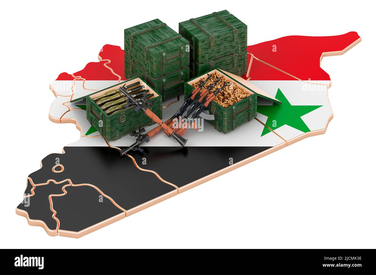 Syrische Karte mit Waffen. Militärische Versorgung in Syrien, Konzept. 3D Darstellung isoliert auf weißem Hintergrund Stockfoto
