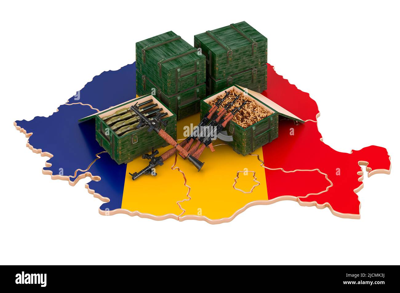 Rumänische Karte mit Waffen. Militärische Versorgung in Rumänien, Konzept. 3D Darstellung isoliert auf weißem Hintergrund Stockfoto