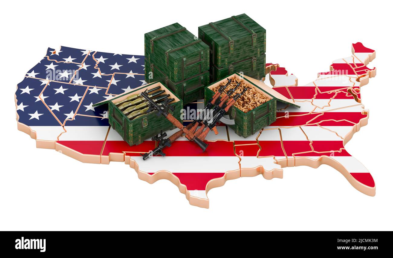 Die USA-Karte mit Waffen. Militärische Versorgung in den USA, Konzept. 3D Darstellung isoliert auf weißem Hintergrund Stockfoto