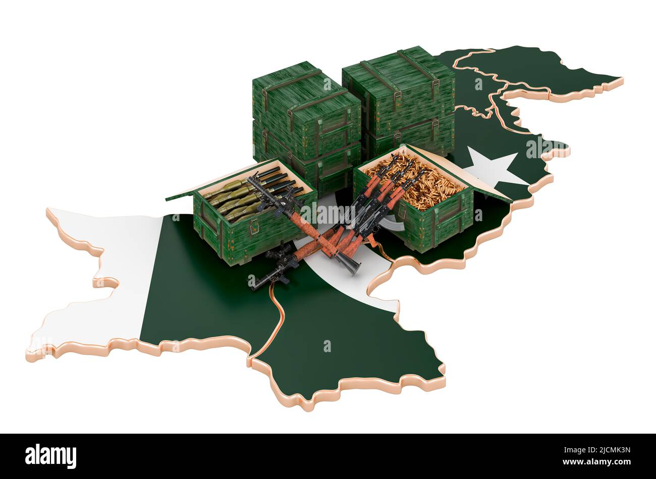 Pakistanische Karte mit Waffen. Militärische Versorgung in Pakistan, Konzept. 3D Darstellung isoliert auf weißem Hintergrund Stockfoto