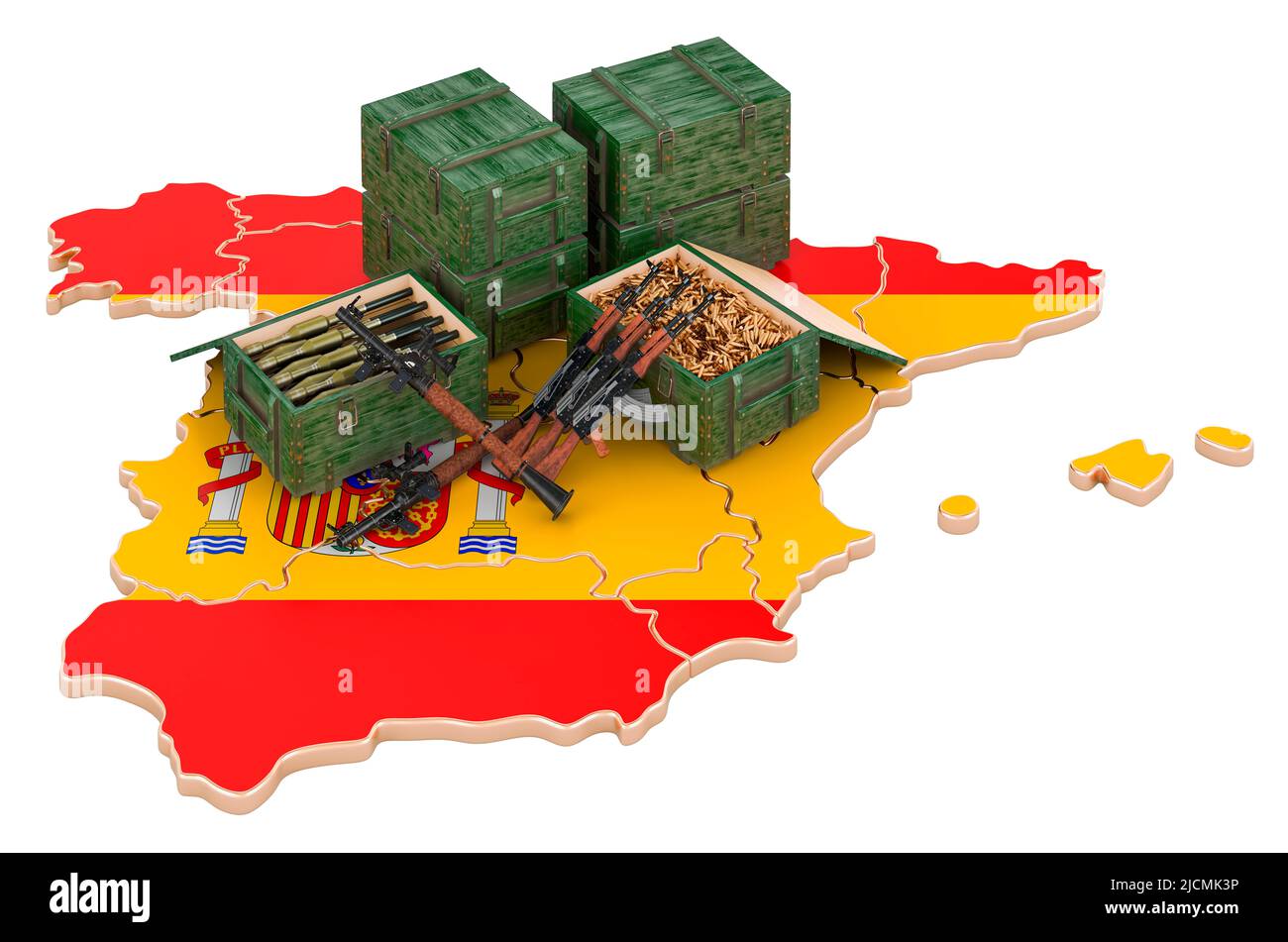 Spanische Karte mit Waffen. Militärische Versorgung in Spanien, Konzept. 3D Darstellung isoliert auf weißem Hintergrund Stockfoto