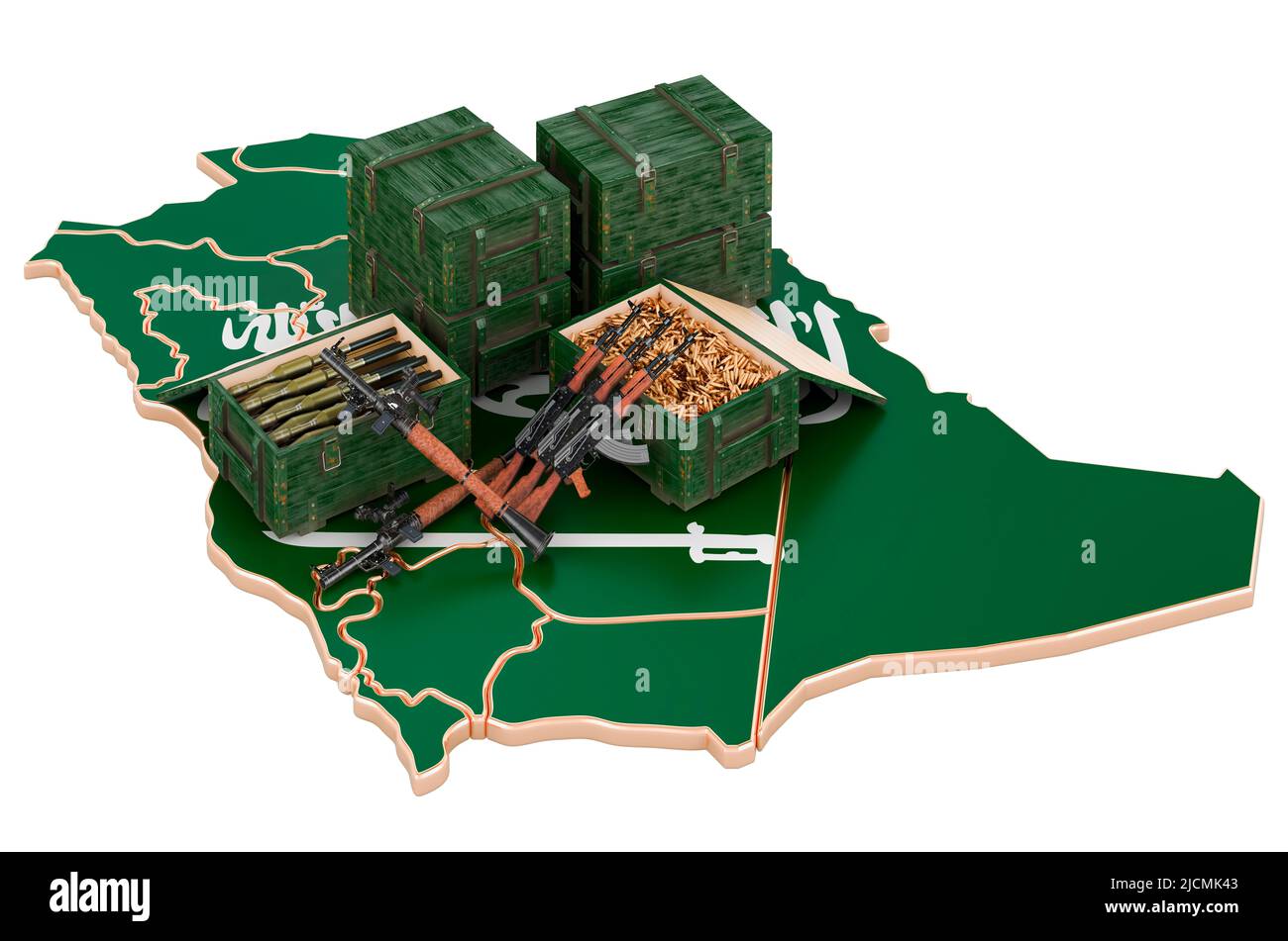Saudi-arabische Karte mit Waffen. Militärische Versorgung in Saudi-Arabien, Konzept. 3D Darstellung isoliert auf weißem Hintergrund Stockfoto