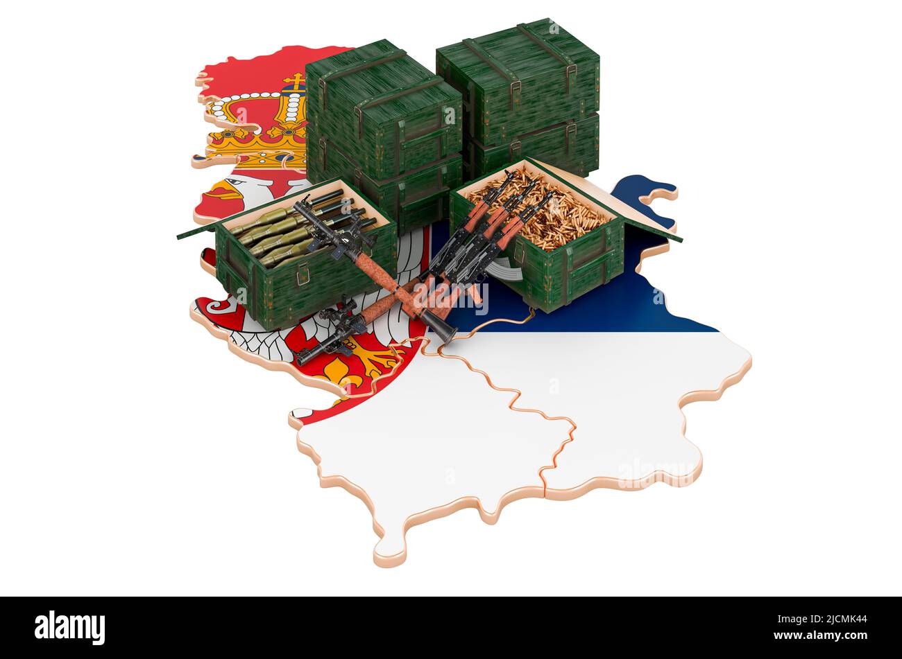 Serbische Karte mit Waffen. Militärische Versorgung in Serbien, Konzept. 3D Darstellung isoliert auf weißem Hintergrund Stockfoto