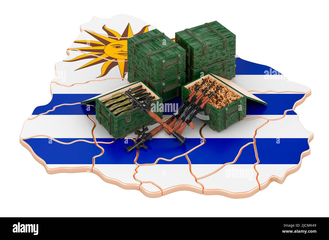Uruguayische Karte mit Waffen. Militärische Versorgung in Uruguay, Konzept. 3D Darstellung isoliert auf weißem Hintergrund Stockfoto