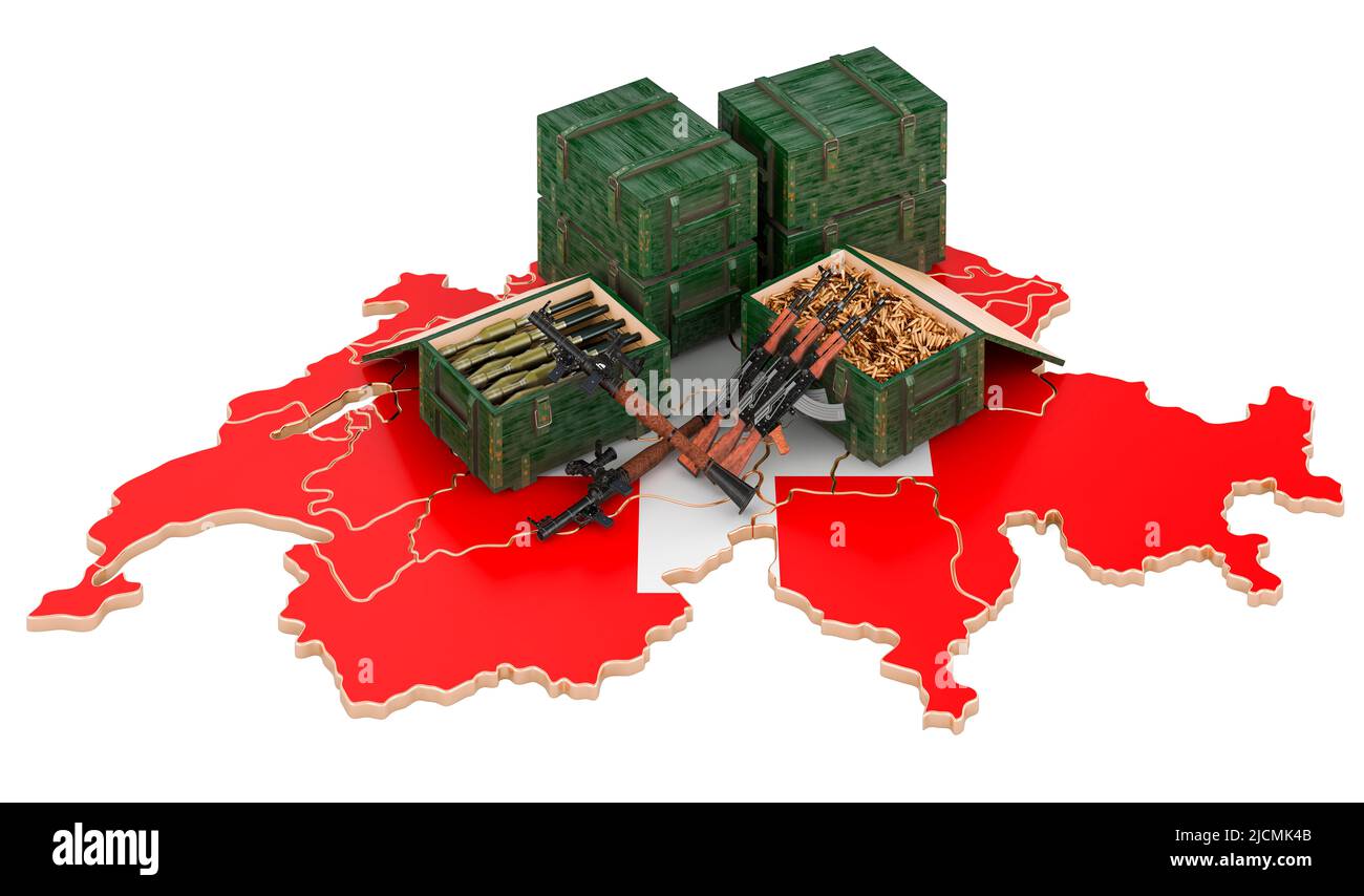 Schweizer Karte mit Waffen. Militärische Versorgung in der Schweiz, Konzept. 3D Darstellung isoliert auf weißem Hintergrund Stockfoto