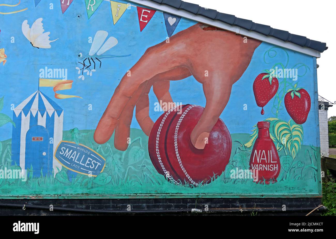 GCC, Grappenhall Cricket Club Tracey Shaw Art Mural, Grappenhall, Warrington, Cheshire, England, Großbritannien, WA4 3EH Stockfoto