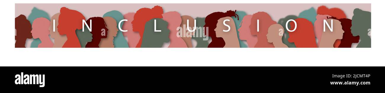 Wort – Einbeziehung. Silhouette Profil Gruppe von Männern und Frauen unterschiedlicher Kultur und verschiedener Länder. Vielfalt multiethnischer Menschen. Stock Vektor