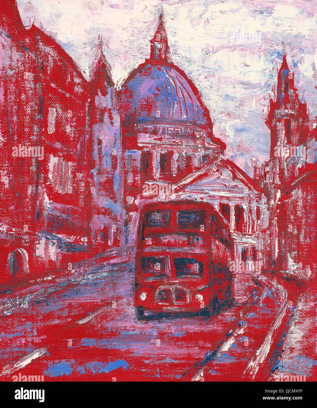 Roter Bus auf der Straße hinter der St Paul's Cathedral in London, englische Kunstmalerei Stockfoto