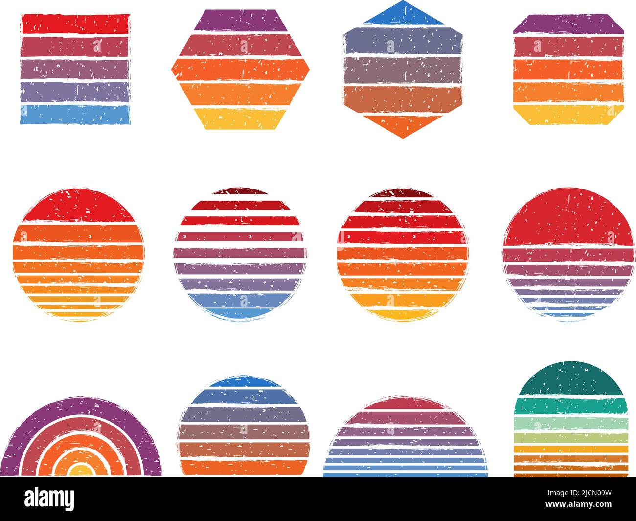 Retro-Sonnenuntergänge Formen. Vintage 90s Linien, Retro Streifen Grunge Gradient Hintergründe Vektor-Set Stock Vektor