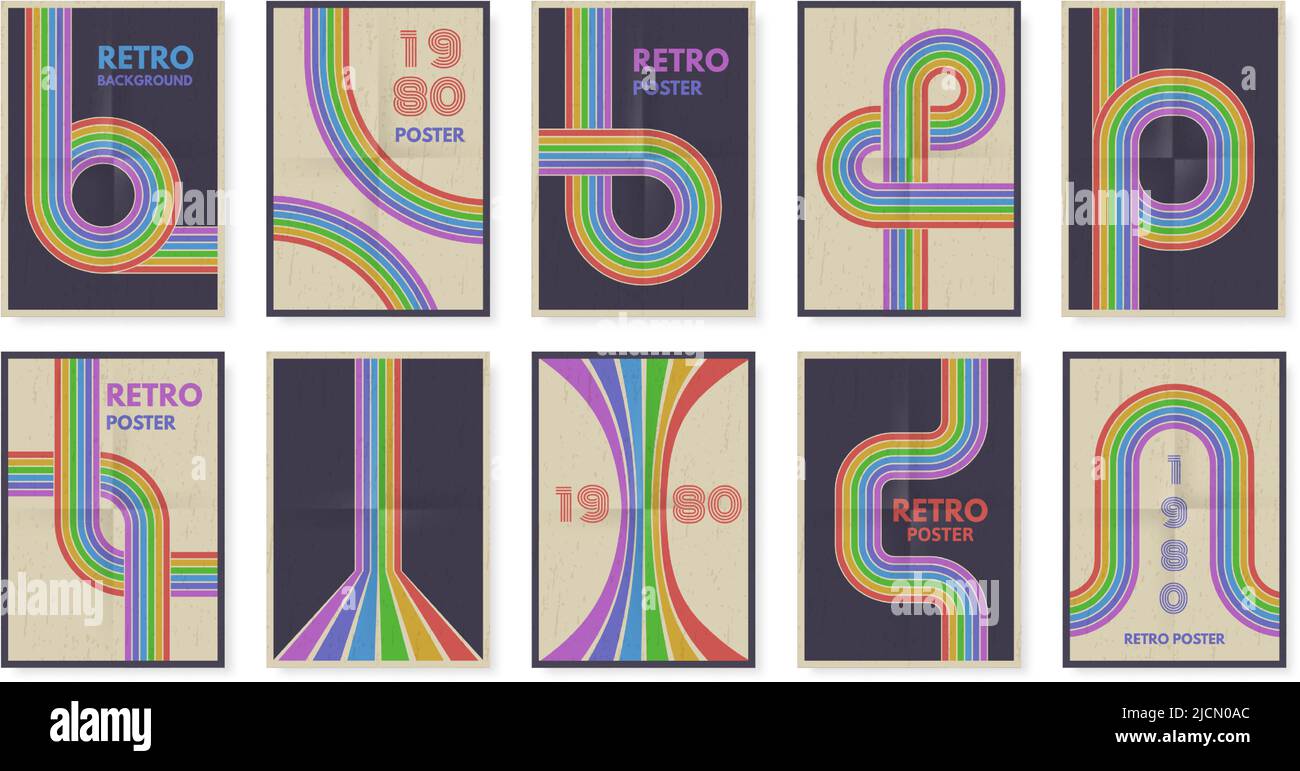 Poster mit geometrischen Linien im Retro-Stil. Regenbogen Farbverlauf, 80s groovige Streifen und minimales Poster Design Vektor-Set Stock Vektor