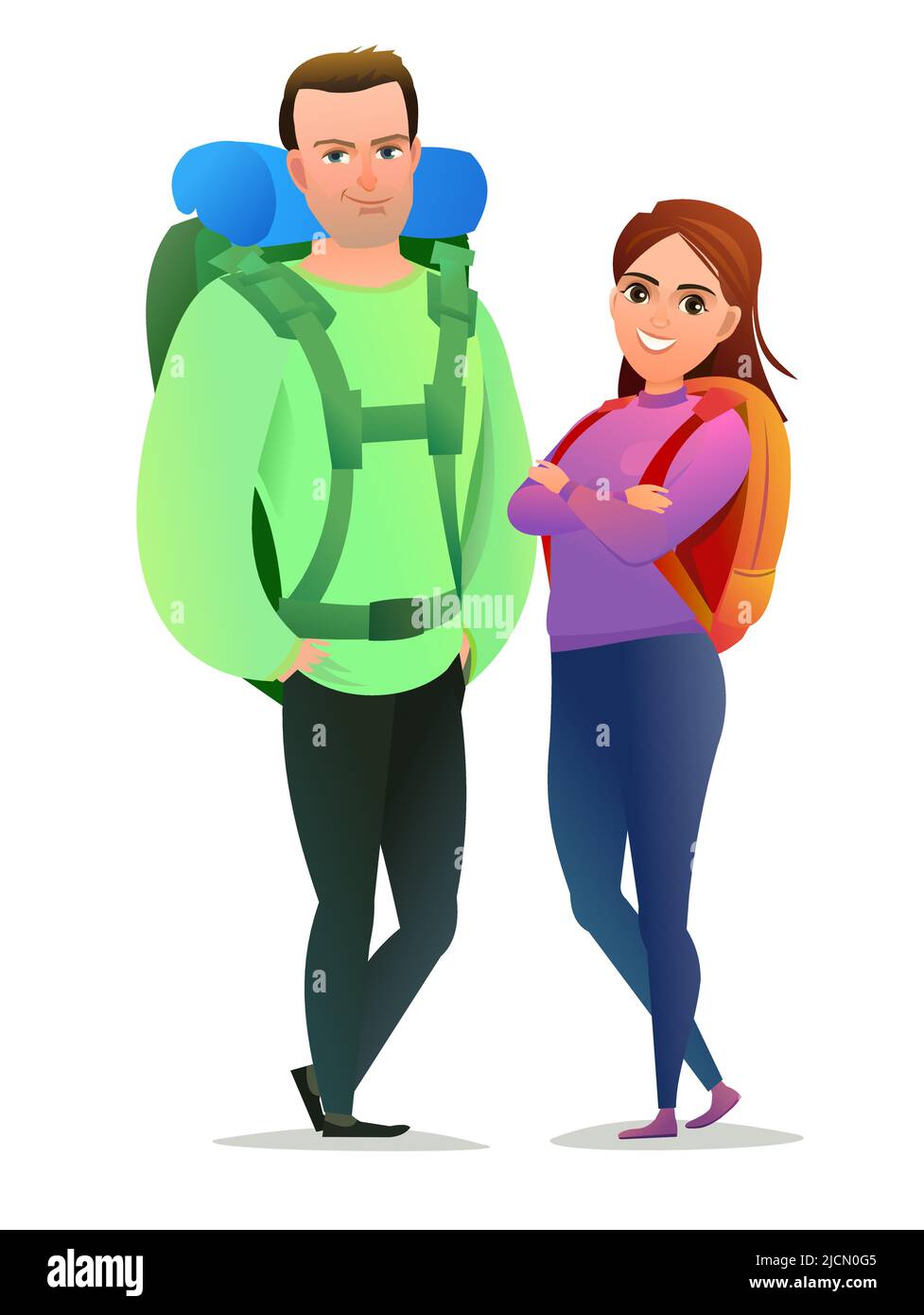 Familientourist für Rucksacktouristen. Rucksack auf dem Rücken. Fröhliche Person. Stehende Pose. Flaches Design im Comic-Stil. Ein Zeichen. Abbildung Stock Vektor