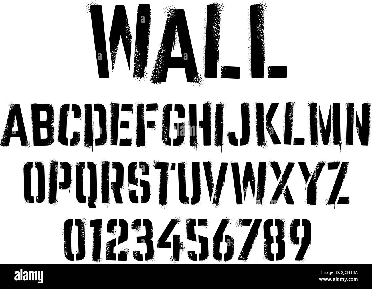 Stencil Graffiti-Schriftart. Aerosol Spray Text mit Grunge Körnung Textur, Farbe Splatter Buchstaben und Zahlen Vektor-Set Stock Vektor