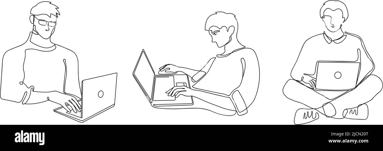 Männlich mit Laptop. Freiberuflicher Telearbeiter, Mann, der mit einem Laptop arbeitet und auf der Tastatur tippt. Vektorgrafik für fortlaufende Linien Stock Vektor