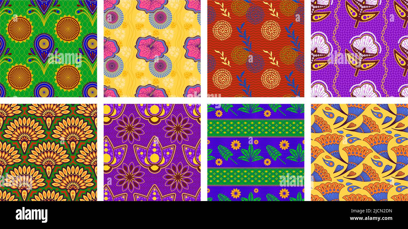 Afrikanisches Wachsmuster. Nahtlose ethnische florale Ornament, Mode Stoffdrucke Vektor-Set Stock Vektor