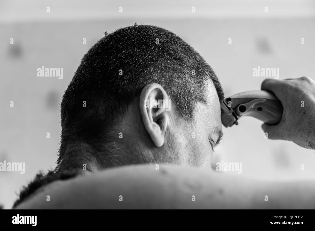 Ein Mann mittleren Alters schneidet sich die Haare. Die Person schneidet die Haare auf seinem Kopf mit einem elektrischen Haarschneider. Kurze braune Haare. In einem Wohnzimmer. Selektiv Stockfoto