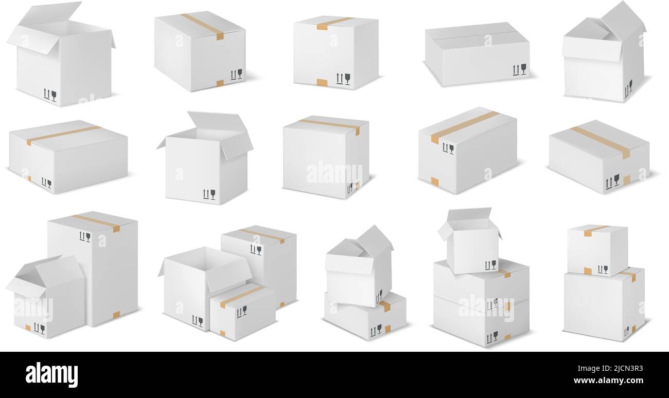 Realistischer Briefkasten. Weißes Papppaket, gestapelte Schachteln und zerbrechliche Paketverpackung 3D Mockup Vektor-Set Stock Vektor