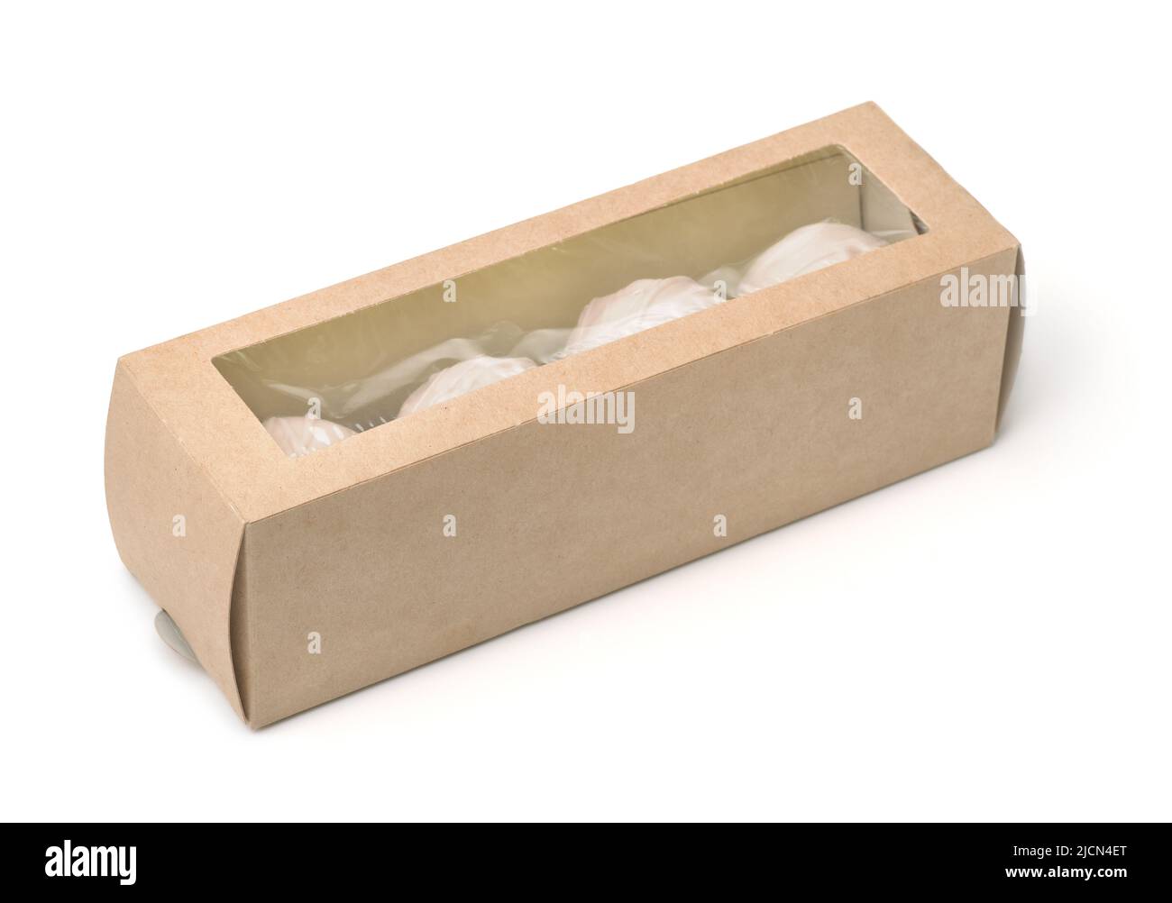 Braun Papier Bonbons Box mit Fenster isoliert auf weiß Stockfoto