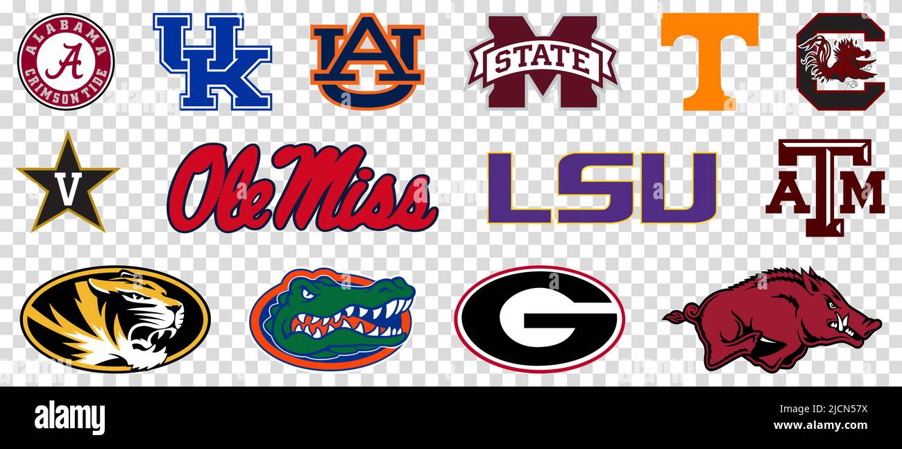 SEC Teams Logos gesetzt. Alabama Crimson Tide, Arkansas Razorbacks, Auburn Tigers, Florida Gators, Georgia Bulldogs, Kentucky Wildcats und etc. Editorial Stock Vektor
