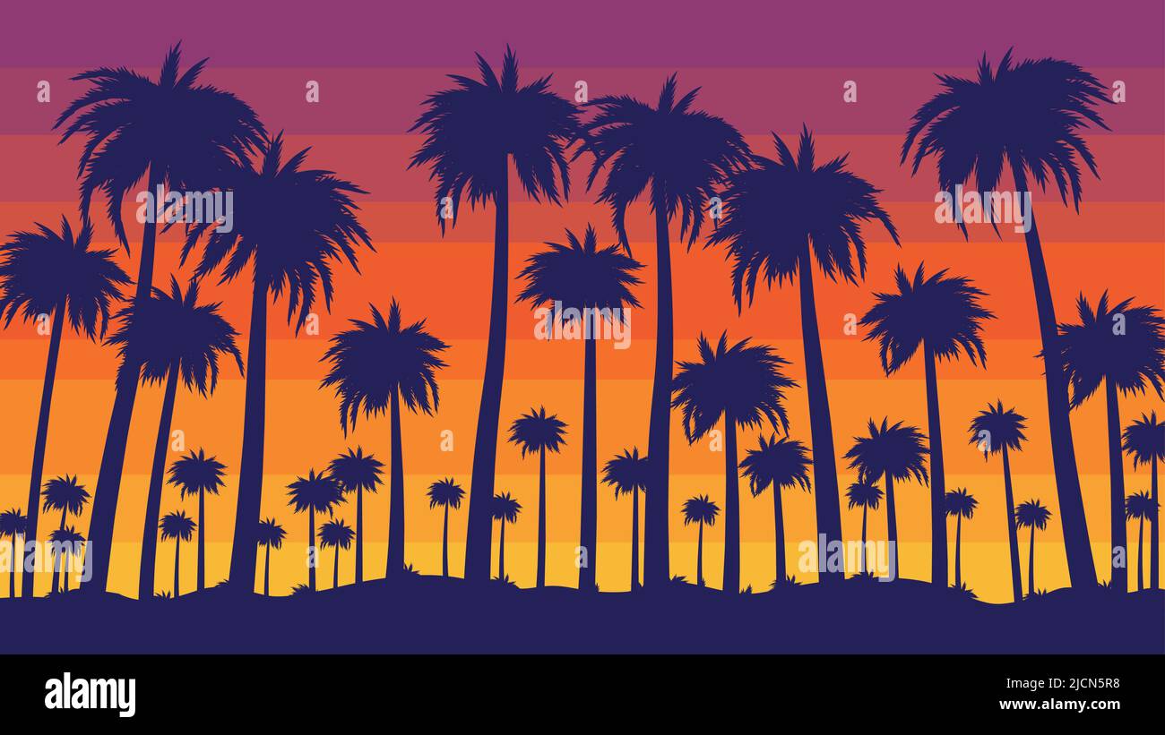 Sonnenuntergang am Strand im Retro-Stil. Abend California Palmen, tropisches Paradies mit Farbe gestreiften Himmel Hintergrund Vektor-Illustration Stock Vektor