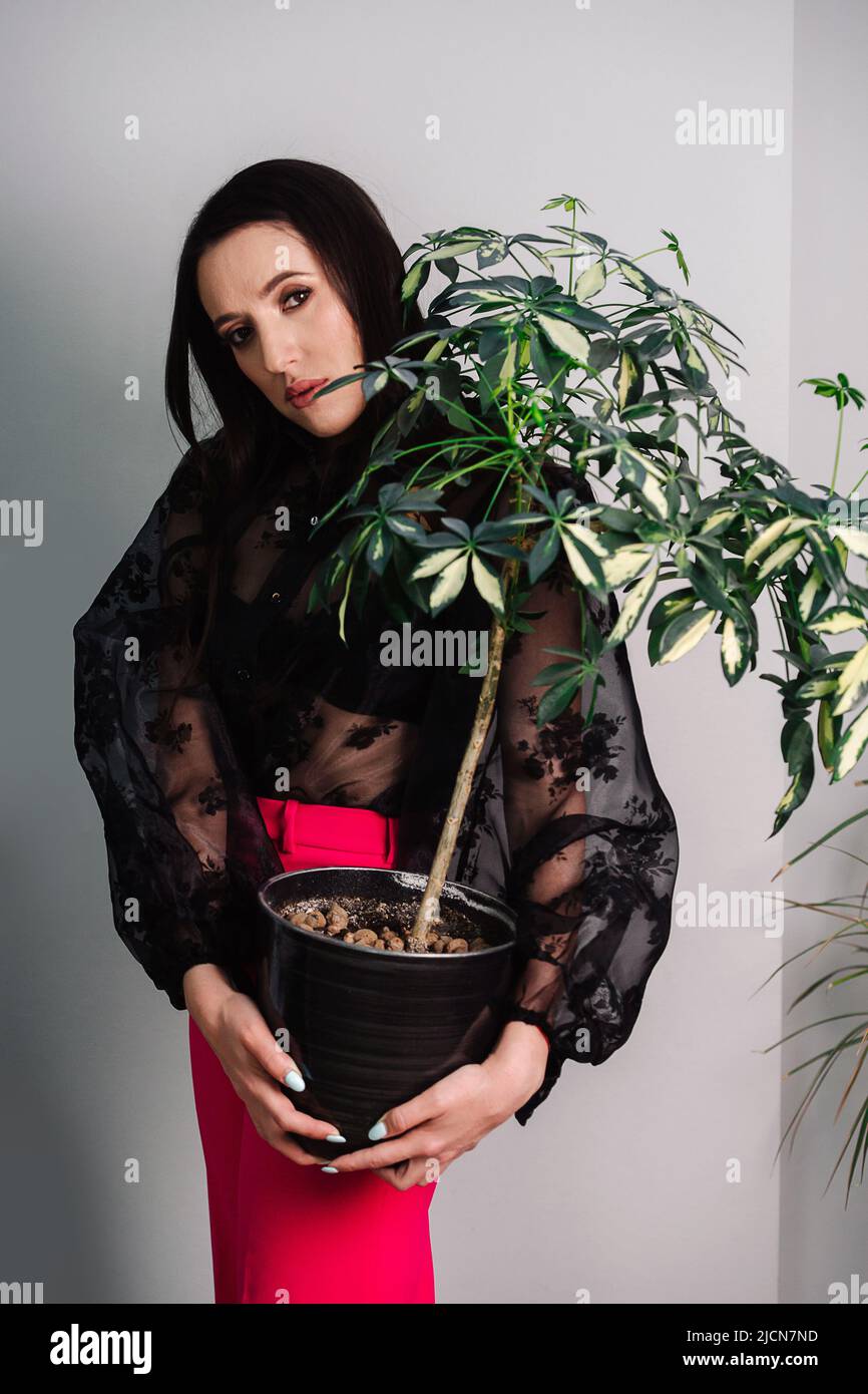 Emotionslose Frau in einem transparenten Hemd und roten Hosen mit einer Topfpflanze Stockfoto