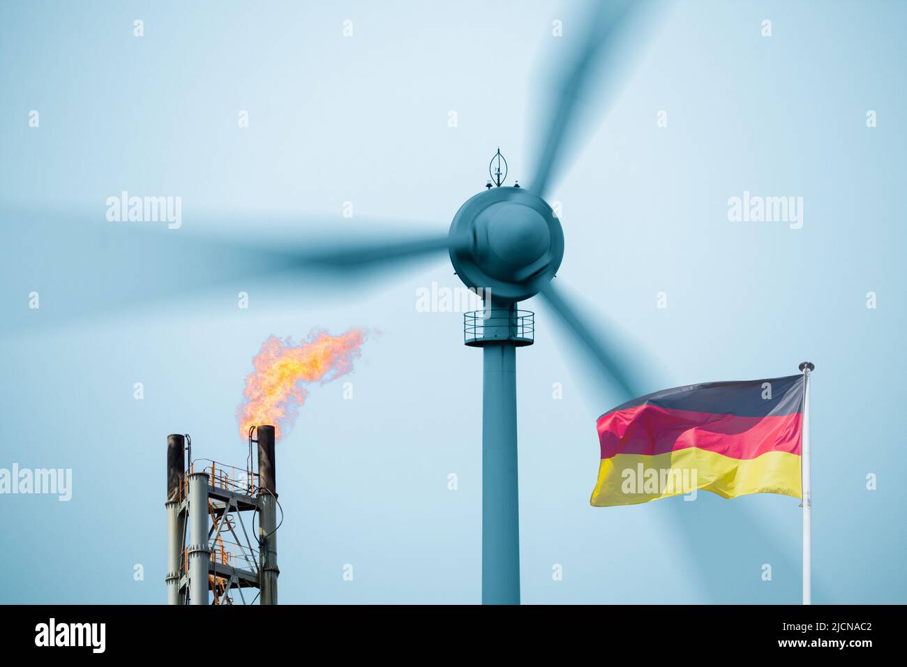 Erneuerbare Energien, Gas, fossile Brennstoffe, russisches Gas, Windkraftanlage, Globale Erwärmung, Klimawandel, Deutschland... Konzept Stockfoto